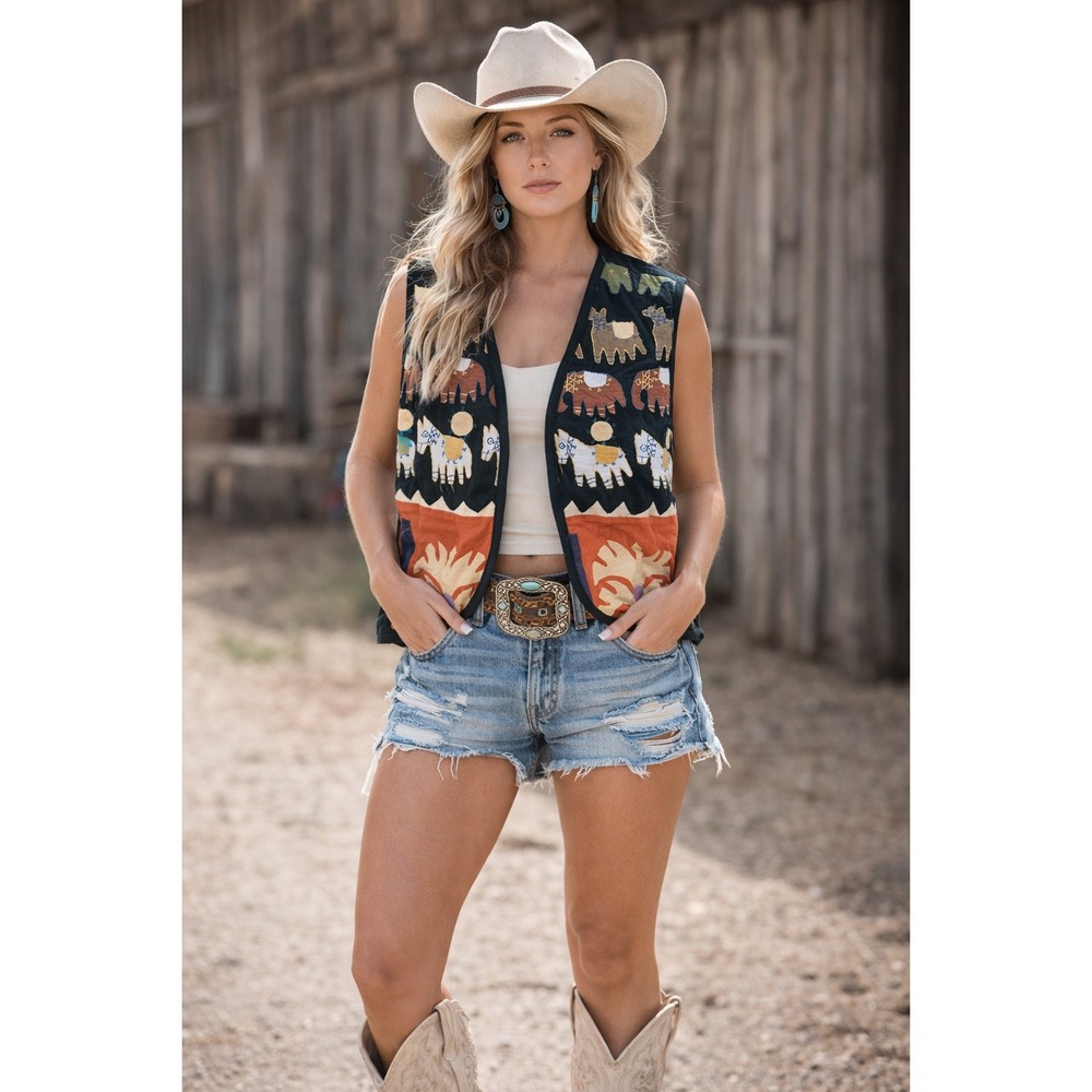 VTG 80s Tapestry Vest Hand Stitched Elephants Open front Boho western  Womens L